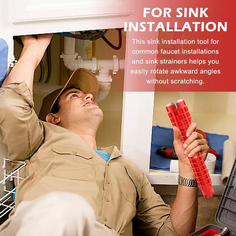 Plumber installing sink with 14 In 1 Multi Functional Plumbing Wrench for Faucet and Sink Installations, red handle for tight spaces.