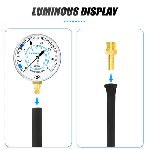 MeanLin gas pressure gauge 0-35 in wc with 40in hose; brass connector with barbed fitting and hex bushing (two views)