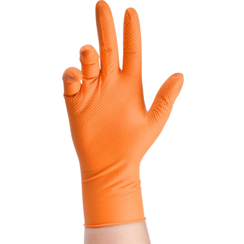 Heavy Duty Industrial Orange Nitrile Gloves 8 Mil With Diamond Grip Powder Free shown on hand