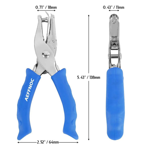 Front and side view of blue one hole paper punch with soft grip handle, durable metal, 1/4 inch hole for crafts and scrapbooks, six sheets capacity.