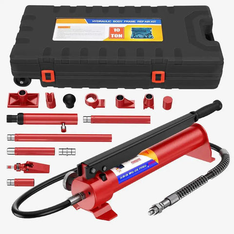 10 Ton Porta Power Hydraulic Jack With Upgraded Multifunction For Car Body Repair, shown with case and accessories