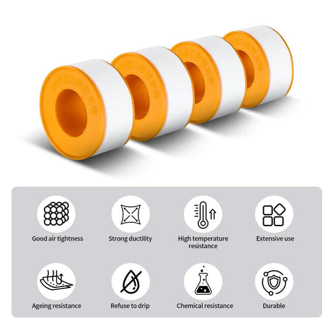 Four rolls of plumber Teflon tape highlighting high temperature resistance and durability for showers and faucets.