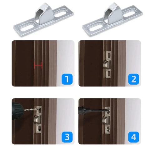Installation steps for Lyot Sliding Door Keeper And Lock Set For Glass Doors 2.4X0.65 Inch with mounting screws in silver finish