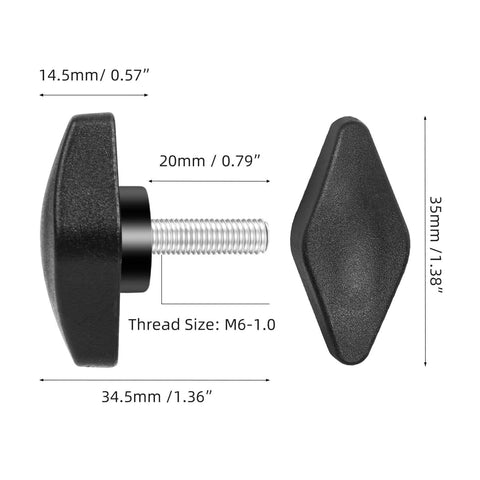 Side view of M6 20mm Thumb Screws With T Handle Wing Knobs For Woodworking Machines Black 4 Pack showing dimensions