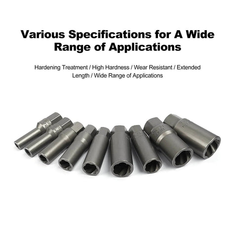 11 Piece Chrome Molybdenum Steel Extractor Set For Damaged Fasteners, shown in various sizes, 3/8 Inch Drive Rusted Nuts And Screws Removal Kit