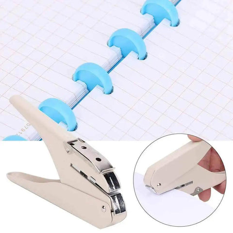 Mushroom Hole Puncher 6 Sheet A4 Capacity, mushroom shaped paper punch for office school craft, shown with punched notebook pages and binding rings
