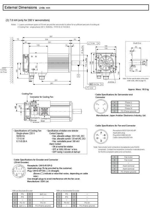 CHUNYE SGMSV-10ADA61 1kW servo motor engineering drawing with front/side views, mm dimensions, cooling fan and shaft end.