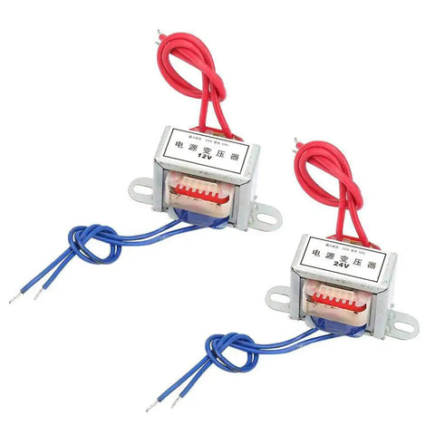 AC To AC Isolation Power Transformer, 220V Input To 12V And 24V Output, 50Hz, 2W, single phase EI core with red and blue wires.