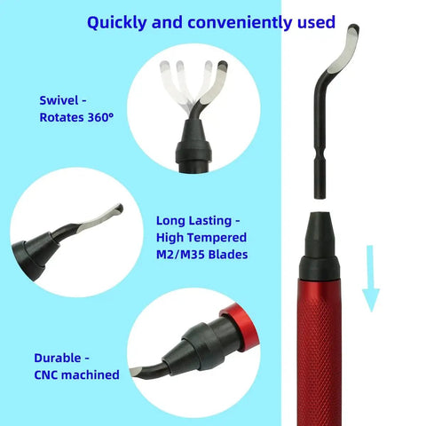 Pro Grade Deburring Tool Kit With 10Pcs Needle File Set Metal Handle Swivel Deburring Tool For Metal Resin And 3D Printed Plastic Copper And Aluminum Pipes 360 Degree HSS Blade Extra 10Pcs Blades For Fast Burr Removal shown with 360-degree swivel blade and ergonomic handle.
