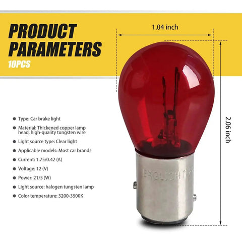 Product specifications of 12V 21/5W Halogen Brake Light Bulb With BAY15D Base, Dual High Low Filament, Red, for cars and motorcycles.