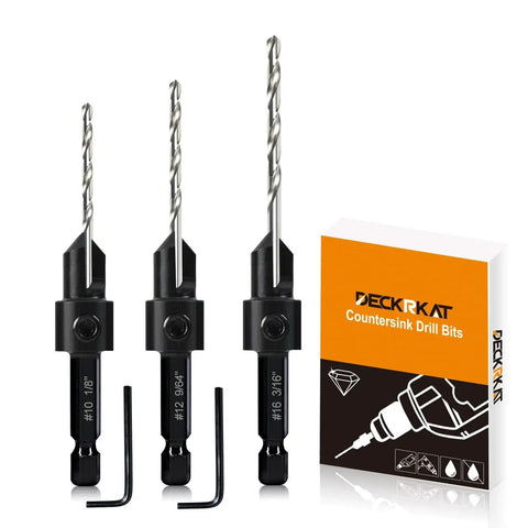 Image of 3 Pack Countersink Drill Bit Set For Woodworking With 3 In 1 Functionality Must Have Countersink Counterbore And Drill In One Pass Depth Adjustable M2 Pilot Bits 82 Degree Chamfer One Quarter Inch Hex Shank Includes Allen Wrench Sizes 10 12 16 in packaging with three bits and two Allen wrenches.