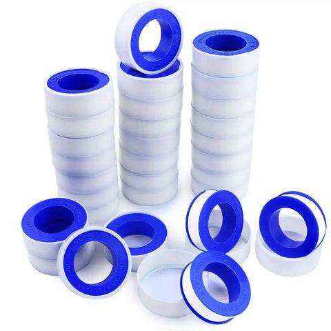 30 Pack One Half Inch Teflon Tape Industrial Thread Seal Tapes For Plumbing Waterproof Seals 394 Inch Each Roll Perfect For Plumbers And DIY Projects On Threaded Pipes, showing multiple rolls of white and blue PTFE tape.