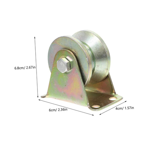 Beefed-Up Heavy Duty V Groove Sliding Gate Wheel Set 4 Pack Steel Track Casters with measurements in olive green, side view
