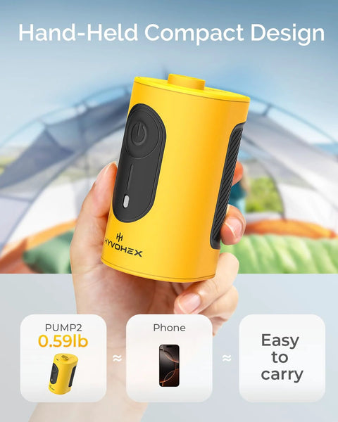 Portable yellow handheld air pump with 3 nozzles for inflating sleeping pads, pool floats, and vacuum bags.
