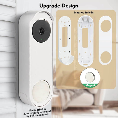 No Drill Anti Theft Doorbell Mount For Google Nest Doorbell Battery Easy Wall Mount For Apartments And Renters No Tools Needed Keeps Wall Safe Durable Plastic Bracket Anti Theft Design Protect Your Nest Camera, close-up view showing built-in magnet feature and installation.