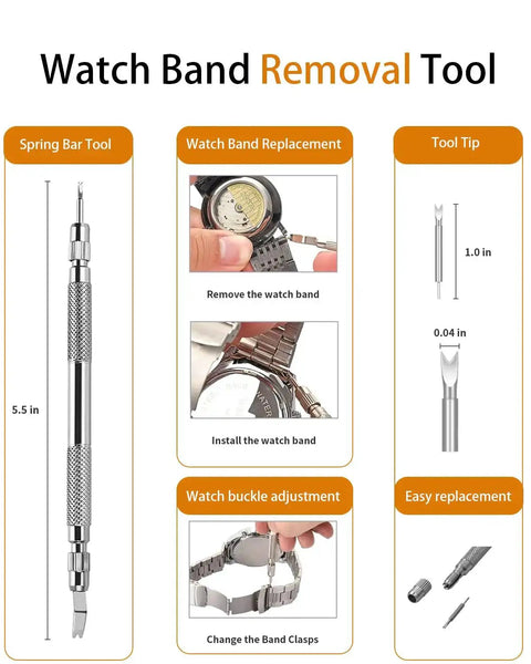 Instructional guide showing Go To All In One Watch Band Repair Kit With Link Remover And Spring Bar Tools Pro Grade Set for adjustments.