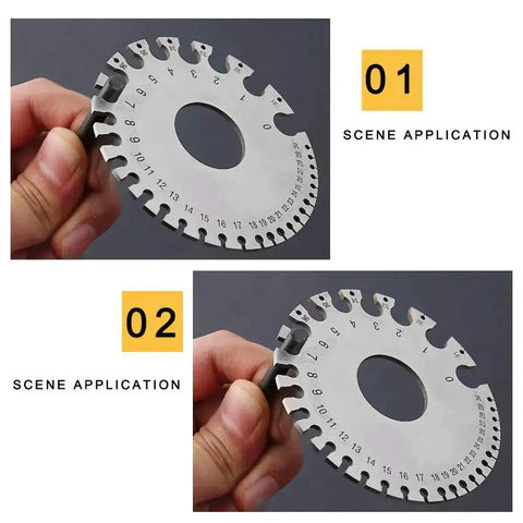 Two Pack Stainless Steel Thickness Gauges, Wire Gauge Measuring Tool Set for wires, sheets, and cables shown being held
