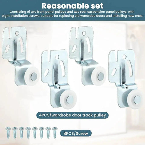 Sliding Door Hardware Wardrobe Roller Kit With Four Wheels For Top Hung Bypass Doors, includes 4 rollers and 8 screws.