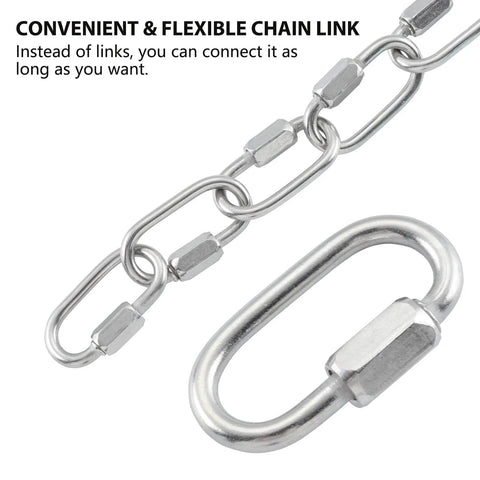 304 Stainless Steel D Shaped Locking Quick Link Carabiner Set Of 10 shown connected to a chain, highlighting secure connection feature.