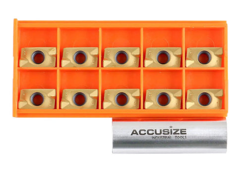 APKT1604 TiN Coated Carbide Inserts For Steel Machining, 10 Pc Set, ISO APKT160408, in orange case, top view
