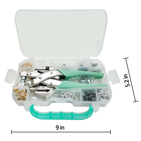 All In One Grommet Tool Kit With Eyelet Punch Plier And Case, 160 Metal Grommets And Eyelets for leather bags, clothes, belts, dimension shown