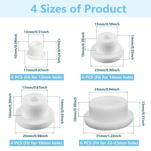 Diagram showing 4 sizes of white silicone plugs from 24 Piece Silicone Bathtub Hole Plug Set In White With 4 Sizes Fitting 12mm 14mm 16mm And 22 To 23mm Drains Waterproof Tub Jet Covers Flexible Durable Seal Disks For Bathtub And Sink Drains Bathroom Plumbing Accessory