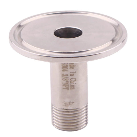 Stainless steel sanitary male threaded pipe fitting with 3/8 in NPT bottom and 1.5 in tri-clamp ferrule, front view