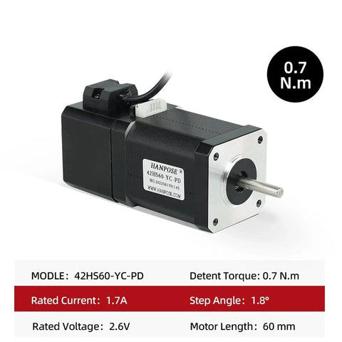Front view of black 60mm NEMA17 stepper motor with silver faceplate and exposed shaft, model 42HS60-YC-PD.