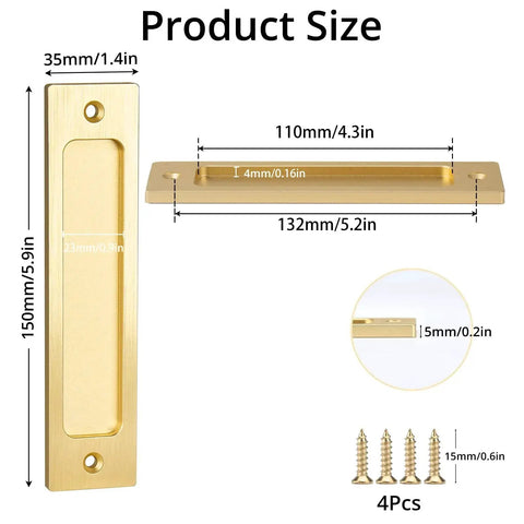 Sliding Barn Door Pull Handles 2 Pack Aluminum Alloy Flush Recessed Rectangular Pulls dimensions and screws in gold finish