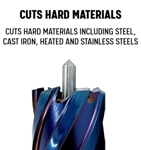 Nano-Composite Blue Coated Annular Cutter Five Eighths Inch By Two Inch ANC Series NACO Coating Extends Tool Life Up To Thirty Percent And Delivers Fast Clean Cuts Through Steel Cast Iron And Stainless Materials Drill America