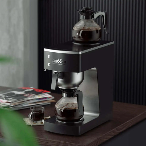 12 Cup Commercial Drip Coffee Brewer With Dual Warmer And Glass Decanters For Pour Over Convenience on wooden counter