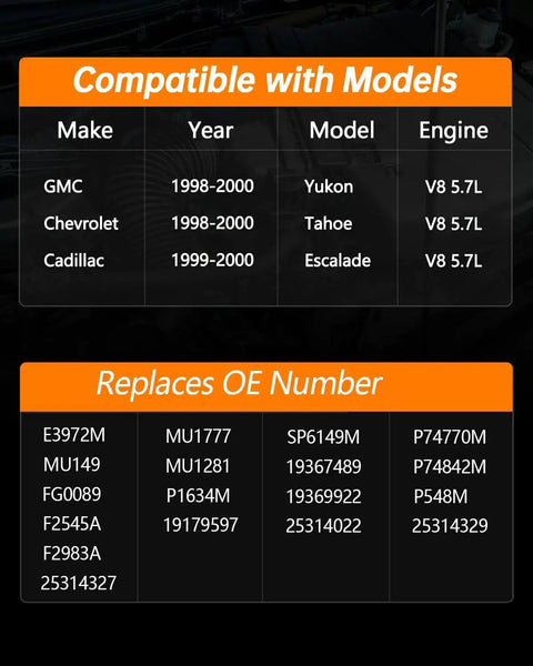 Drop In Electric Fuel Pump Assembly compatibility table for 1998-2000 Yukon, Tahoe, and 1999-2000 Escalade V8 5.7L engines