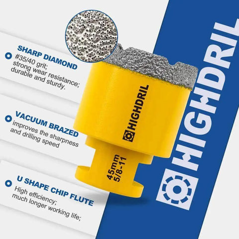 Diamond Core Drill Bit Set For Porcelain Tile Ceramic Granite Marble Dry Drilling With Vacuum Brazed Diamonds One Quarter Inch Diameter Six Millimeter Five Eighths Inch Thread