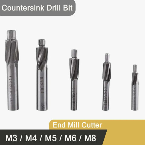 Counterbore Drill Bit Set For CNC Milling 5 Piece M3 To M8 Countersink End Mills 4 Flute HSS AL High Speed Steel image