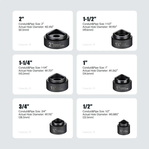 Hydraulic Knockout Hole Punch Driver Kit With Eight Ton Power, Six Dies From Half Inch To Two Inch, shown with individual die sizes