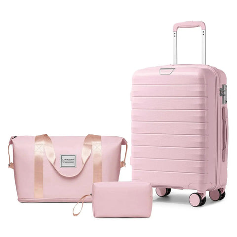 3 Piece Luggage Set For Women With Hardside PP Suitcases And Duffle Bag, Carry-On Size With 360 Degree Spinner Wheels, Orchid Pink Travel Set