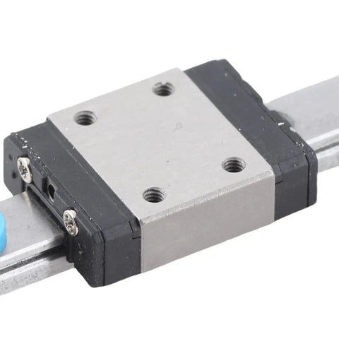 Close-up of Miniature Linear Rail 7mm Wide Slide Block for 3D printer and CNC machines, showing steel construction and block details