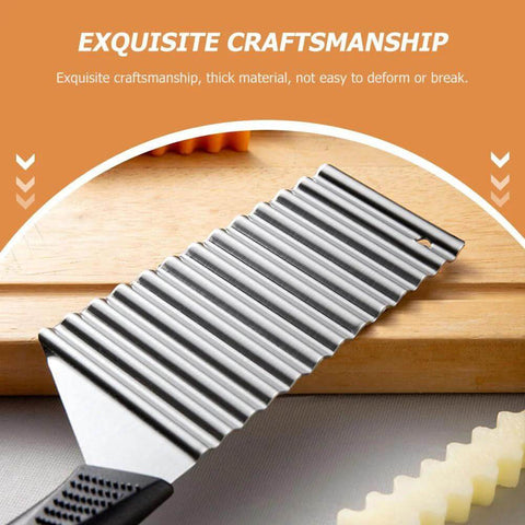 Crinkle Cut Fry Cutter Set Stainless Steel Wavy Blade 2 Piece Slicer with Comfortable Non Slip Handle on cutting board.