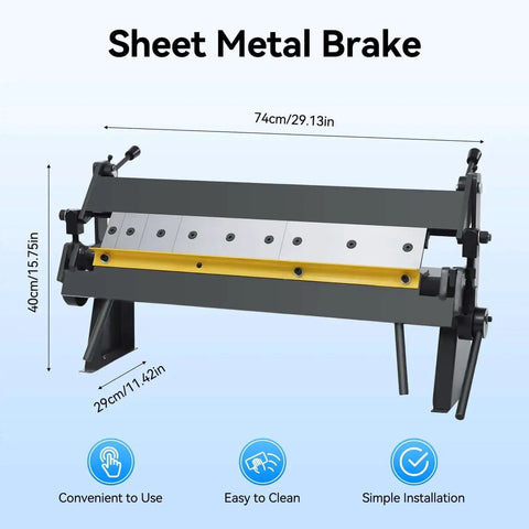 Diagram showing 24 Inch Box And Pan Brake With Removable Fingers For Metal Bending, dimensions 74cm x 40cm x 29cm.