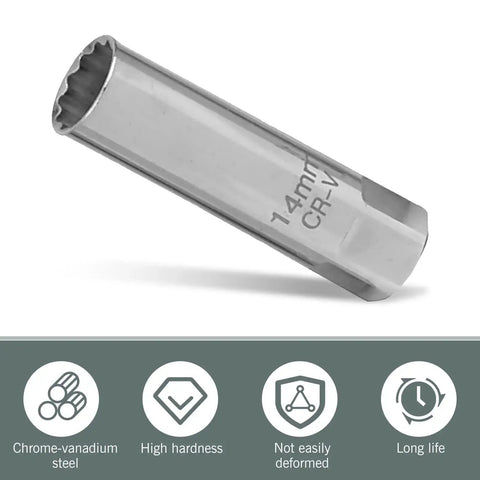 Close-up of heavy duty spark plug socket with 12 point spline drive, leaf spring clamp, 3/8 inch drive for motorcycles and cars