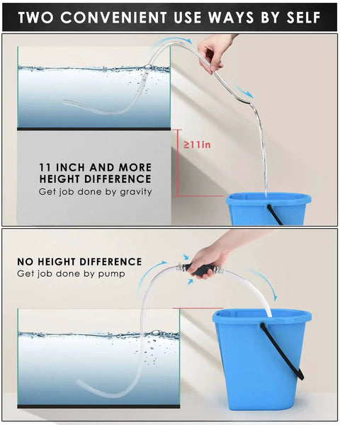 Demonstration of Portable Manual Gasoline Siphon Pump With Dual PVC Hoses For Oil And Water in use with blue bucket.