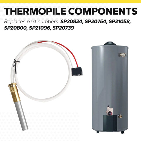 Water heater thermopile assembly with white cable and brass fitting, shown beside a gray tall water heater tank.
