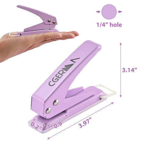 Heavy Duty Hole Puncher With One Quarter Inch Hole, Cuts The Grunt Work In Half, Purple, All Metal Design, size dimensions shown
