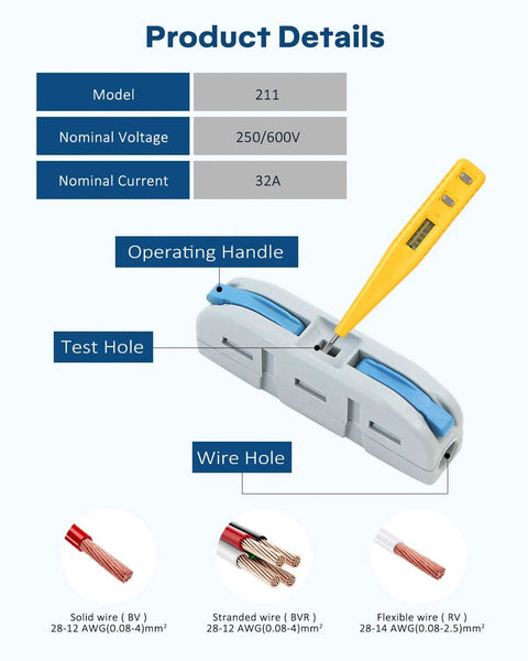 20-pack Eugiichr lever wire connectors for AWG 28-12; gray inline splices with blue levers and a yellow probe tool
