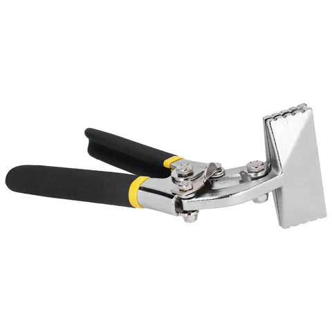 Pro Grade Flanging Pliers With Locking Jaw for sheet metal seaming, flat nose crimping forceps, curved handle for tight work areas.