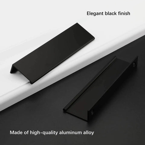 Matte Black 5 Inch Cabinet Pulls For Cabinets And Kitchens 10 Pack Aluminum Finger And Edge Pulls laid flat with elegant black finish