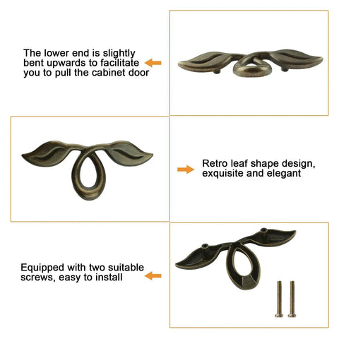 Vintage Style Leaf Drawer Pulls for Cabinets and Dressers in Bronze Finish, top and side views with installation screws
