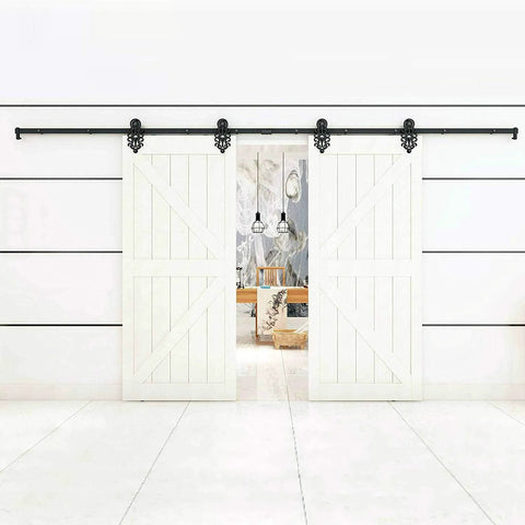 Installed 13.2Ft Double Sliding Barn Door Hardware Track Kit In Black Steel For Closet And Interior Doors, Bypass Rolling Set, Hardware Only