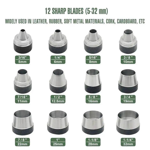 12 In 1 Gasket Punch Set With Sharp Leather Hole Punches, 12 hollow punch heads sizes from 3/16 to 1-1/4 inches, for leather projects.