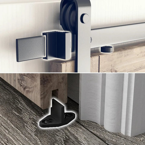 Eight Point Two Foot Sliding Barn Door Hardware Kit With Smooth Quiet Track Easy To Install Includes Step By Step Installation Instructions Fits Forty Eight Inch Wide Door Panel J Shape Hanger Beefy Alloy Construction With Black Powder Coat, close-up view of wall and floor attachments